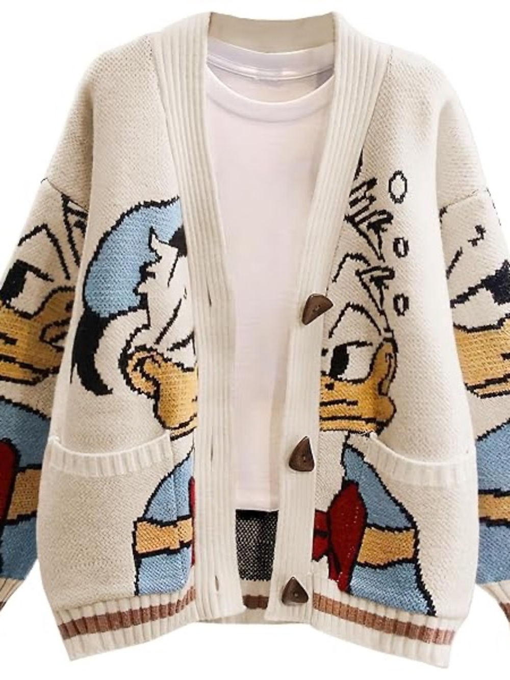 Cream Cartoon Knit Cardigan Sweater with Blue & Brown Accents